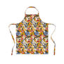 Apron with a pattern of blue, red and yellow flowers on white and yellow background.